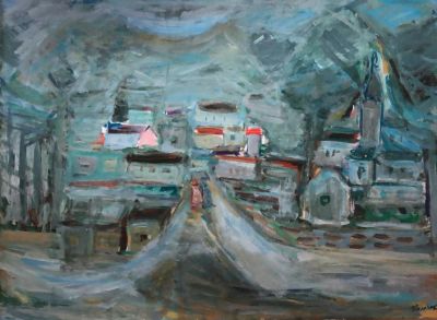 פנחס אברמוביץ - Pinchas Abramovich (1909-1986 - Landscape in the Galilee, 1940. Oןil on paper laid 