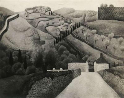 ראובן רובין - Reuven Rubin (1893-1974) - נוף ליד ירושלים 
הדפס כסף של ציור שמן, חתום מאחור בדיו 