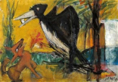 Marcel JANCO (1895-1984) - Les Fables de La Fontaine /Krilov The Crow and the Fox. Oil on canvas 