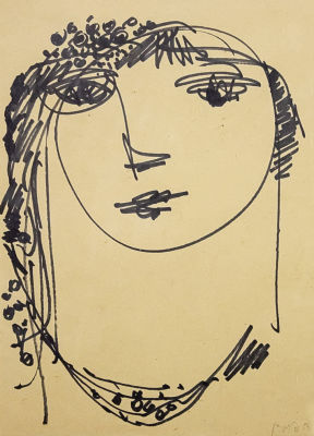 דב פייגין-DOV FEIGIN -2000-1907. - ראש נערה. רישום דיו 40X30 ס"מ, חתום וממוסגר. 
דב פייגין נולד 