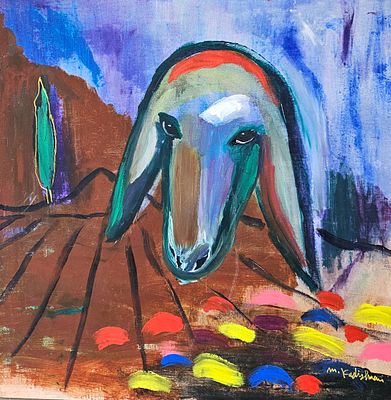 מנשה קדישמן Menashe KADISHMAN (1932-2015) - ראש כבש וברוש. אקריליק על בד 100X100 ס"מ, חתום , חתום 