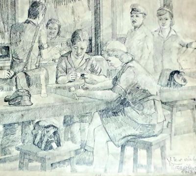 Hungarian art- Tiszav&ouml;lgyi J&aacute;nos - פועלות , 1963. רישום פחם איכותי של אמן הונגרי , 50X70 ס"מ. חתום 