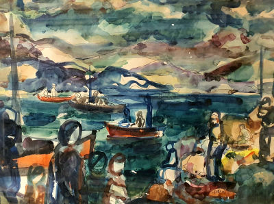 AHARON GILADI - דמויות על שפת הכינרת , שנות ה-50. אקוורל, 50X70 ס"מ, ממוסגר. 
היה חבר בקבוצת אופקים 