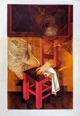 &Agrave;lvar Su&ntilde;ol Munoz-Ramos-Spanish - כסא אדום, 1975. ליטוגרפיה גדולה ומרשימה 100X68 ס"מ, חתומה בעיפרון 