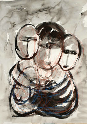 לוטן - שלוש נערות . רישום דיו ועפרונות צבעוניים, 50X35 ס"מ. חתום. 
יונה לוטן נולד בליטא, עלה עם 