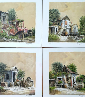 יעקב נובוגרודר - 4 הדפסי משי- נופים סוריאליסטיים. 4 נופים סוריאליסטיים, הדפסי משי 30X30 ס"מ כל אחד 