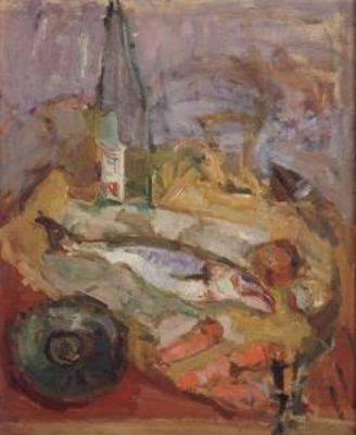 שרטר זיגמונדZYGMUNT SCHRETTER -1896-1977 - דומם עם דגים. שמן על בד 56X46 ס"מ, חתום מאחור, ממוסגר 