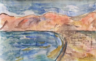 יחיאל קריזה (1908-1968) - אילת, שנות ה-40-50 
אקוורל , חתום ונושא שם העבודה , 24X36 ס"מ.