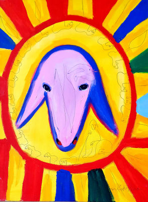 Menashe Kadisman - ראש כבש צבעוני. אקריליק על בד 80X60 ס"מ. חתום, חתום שנית מאחור. 
מקור עיזבון 