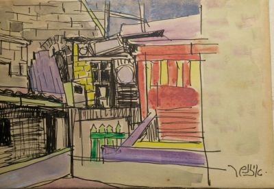 יעקב איזנשר - נווה צדק. גואש ושמן דליל על נייר מוצמד לבד, 25X18 ס"מ. חתום בחותמת העיזבון.