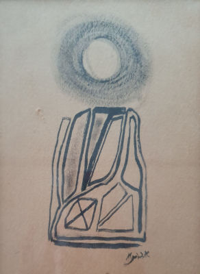 אהרן כהנא Aharon Kahana - דמות ושמש. דיו על קרטון, חתום , 24- X 18 ס"מ, שנות ה-50 , ממוסגר.