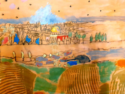 עודד פיינגרש ODED FIENGERSH - נוף ירושלים. שמן ואקריליק על נייר מוצמד לבד 70X100 ס"מ, ממוסגר במסגרת 