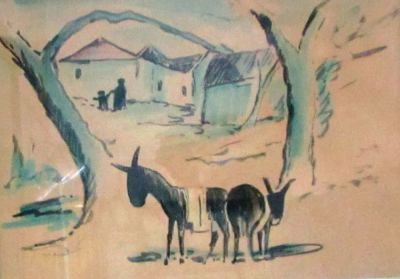 דוד הנדלר - נוף וחמורים. אקוורל חתום וממוסגר 50X35 ס"מ.