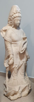 GUAN-YIN-Budddha White Marble. Hand Craved Religiuos Standing Guanyin Bodhisattva Budddha White 