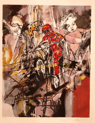 אורי ליפשיץ - רוכב האופנוע. הדפס משי חתום בעיפרון וממוספר, 60X80 ס"מ