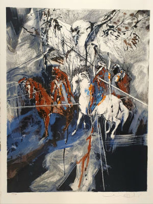 אורי ליפשיץ - סוסים. הדפס משי חתום בעיפרון וממוספר, 60X80 ס"מ