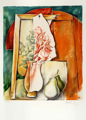 שמואל בק SHMUEL BAK - מראה שבורה עם כד ואגס. ליטוגרפיה חתומה בעיפרון וממוספרת 50X70 ס"מ