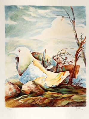 שמואל SHMUEL BAK - ציפור בנוף. ליטוגרפיה חתומה בעיפרון וממוספרת 50X70 ס"מ