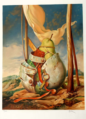 שמואל בק- SHMUEL BAK- - אגס בנוף סוריאליסטי. הדפס משי בצבעים, חתום וממוספר בעיפרון מתוך מהדורה של 