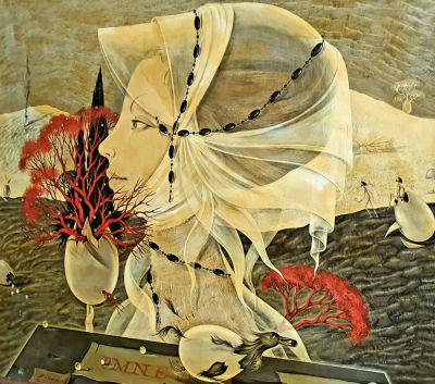 אלרון ברוך - פרופיל ואלמוג אדום, 1975. שמן וטמפרה על לוח, חתום 65X50 ס"מ. ממוסגר.