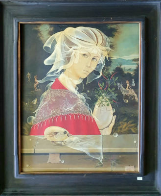 אלרון ברוך - אישה וביצה . שמן טמפרה על לוח 81X65 ס"מ, חתום ומתוארך, ממוסגר מסגרת נאה.