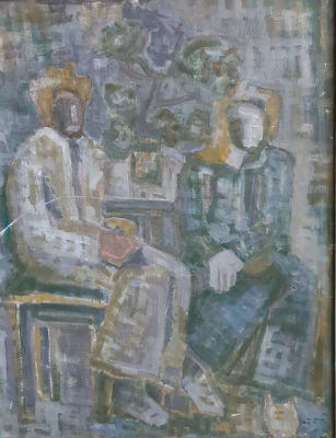 פנינה ייני - Pnina Yenni-1906-2001 - שתי נשים סביב השולחן. שמן על בד, חתום וממוסגר, 120X80 ס"מ. 