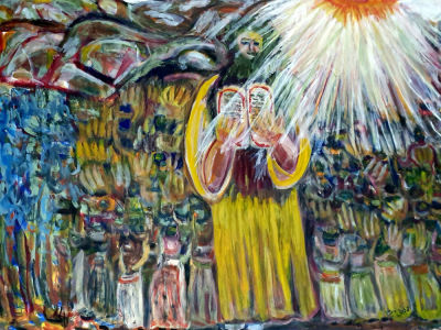 פנינה ייני - Pnina Yenni-1906-2001 - משה ולוחות הברית, 1994. שמן על בד , חתום מתוארך כ50X70 ס"מ. 