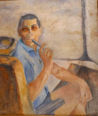 סימה בנאריSima Benari (1902-2002) - גבר עם סיגר. שמן על בד , 68X48 ס"מ, חתום וממוסגר במסגרת נאה.