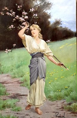 Louise Aurelie Richard - נערה עם ענף עץ שקדייה. אמן צרפתי מהמאה ה-19 תחילת המאה ה-20. ציור איכותי 