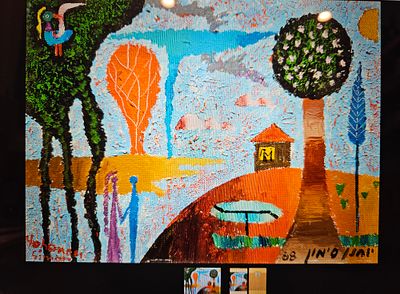 Yohanan Simon, Israeli 1905-1976 - - דמויות בנוף, 1968. Figures in a landscape, 1968; 
oil on 