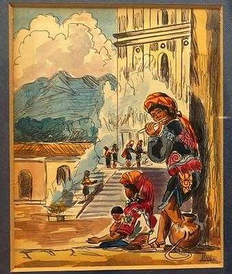 אמן דרום אמריקאי בלתי מזוהה - קבצנים בקרן רחוב. אקוורל , חתום , 30X20 ס"מ, ממוסגר