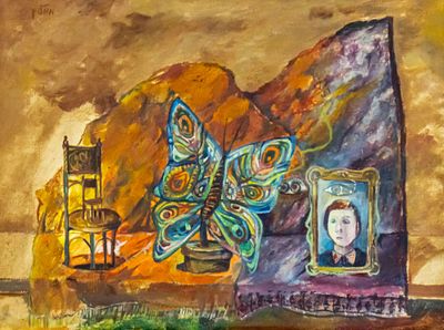 David Meshulam - פרפר סוריאליסטי עם כיסאות ותמונה. David Meshulam was an Israeli Postwar &amp; 