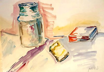 שמשון הולצמן - דומם עם צנצנת וספר. אקוורל 50X35 ס"מ, שנות ה-30-40, חתום