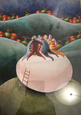 אמן סוריאליסטי בלתי מזוהה - נוף סוריאליסטי עם דמויות. גואש, ממוסגר, לא חתום 30X27 ס"מ.