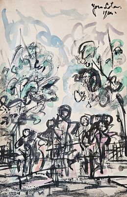 יונה לוטן - דמויות ברחוב, שנות ה-60. דיו ואקוורל 46X33 ס"מ, חתום ומתוארך. רישום גדול ואיכותי.