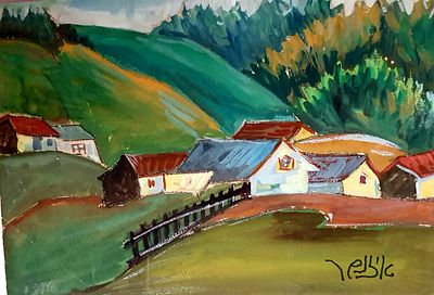 יעקב איזנשר - נוף ברומניה, שנות ה-20. עבודה דו-צדדית, מצד אחד גואש של נוף ברומניה, מהצד השני רישום 