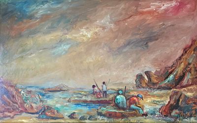 שמואל גולדשטיין(1921-2006), - דייגים. שמן על מזונית. ממוסגר במסגרת נאה. גודל הציור 77X50 ס"מ. 