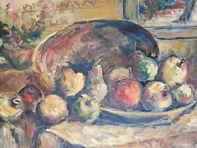 שמואל גולדשטיין(1921-2006), - דומם עם פירות. שמן על מזונית. ממוסגר במסגרת נאה. גודל הציור 50X65 