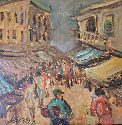 שמואל גולדשטיין(1921-2006), - יום שוק. שמן על מזונית. ממוסגר במסגרת נאה. גודל הציור 28X28 ס"מ. 