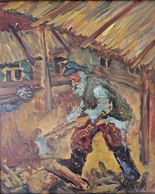 שמואל גולדשטיין(1921-2006), - חוטב עצים בעיירה. שמן על מזונית. ממוסגר במסגרת נאה. גודל הציור 22X10 