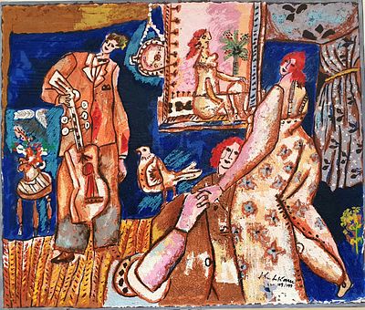 Th&eacute;o Tobiasse1927-2012 - happy family. Terragraph, signed and numbered on havey paper.65X50 cm.