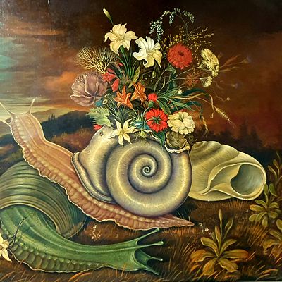 ברוך אלרון - Baruch Elron (1934-2006) - The Snail Voyage. oil on wood, 1974, signed, 70x50 cm.