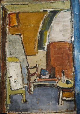 מלבינה קפלן-MALVINA KAPLAN(1913 - 1987) - הסטודיו בצפת. שמן על לוח, חתום 46X32 ס"מ. 
מלוינה קפלן 