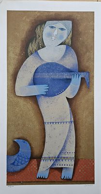 סמי בריס - נערה מנגנת. הדפס משי , 80X40 ס"מ , חתום וממוספר