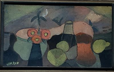 עצמון אברהם(1918 - 2008) - דומם . שמן על פנל, ממוסגר , כ-28X18 ס"מ , חתום. 
אברהם עצמון נולד בשכונת 