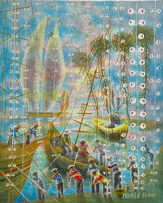 שרגא אלוני , סוריאלזם, נולד ב -1945 - דייגים וסירות. שמן על לוח, 24X18 ס"מ, חתום. 
צייר סוריאליסט ישראלי