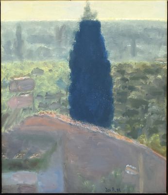 Jan Rauchwerger(יאן ראוכוורגר) - נוף ועץ, 1997. שמן על בד, חתום ומתוארך, 50X43 ס"מ. ממוסגר