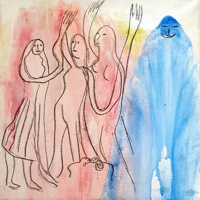 מנשה קדישמן - מחוללות. אקריליק וטכניקה מעורבת על בד, מידות: כ-30X30 ס"מ 
חתום: חתום מאחור, מלווה 