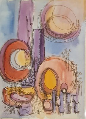 דוד אללוף -DAVID ALALUF- 1942-2012 - קומפוזיציה. אקוורל וגואש 35X25 ס"מ. חתום