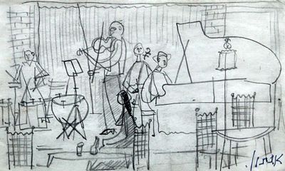 אברהם נתון (נתנזון, 1906-1959). - תזמורת. רישום עיפרון, חתום בדיו כחול , 21X12 סמ , ממוסגר.